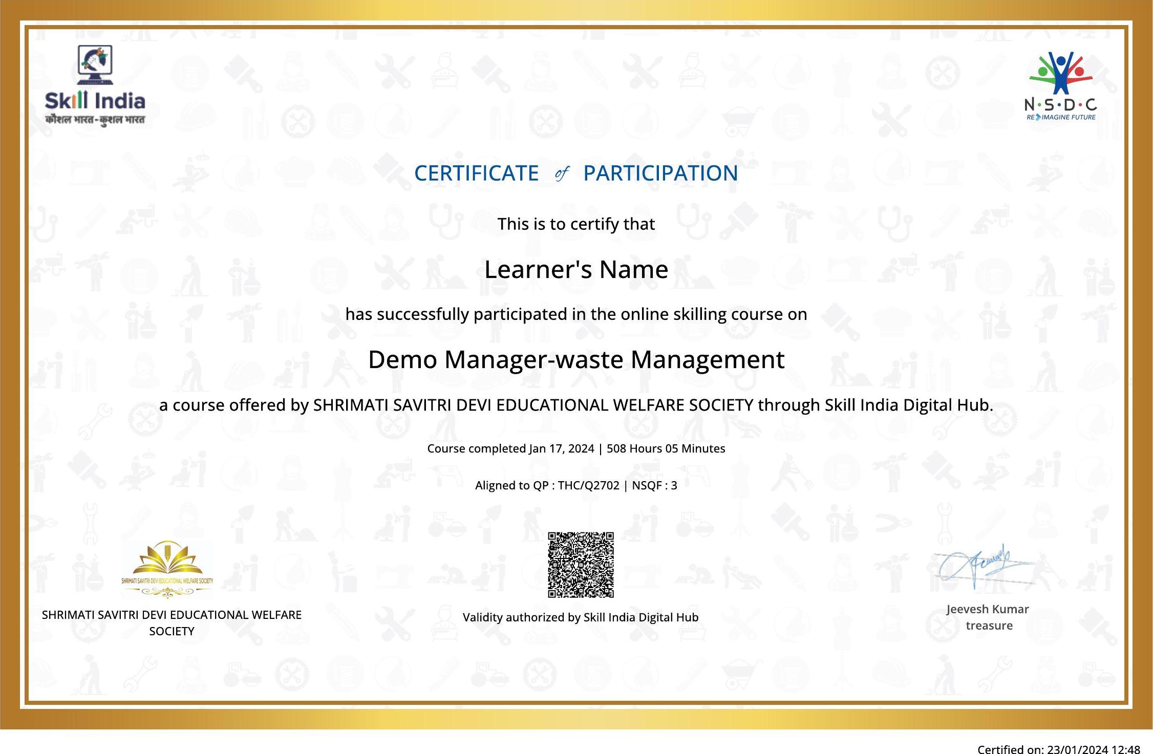 NSDC Training Partner certificate 